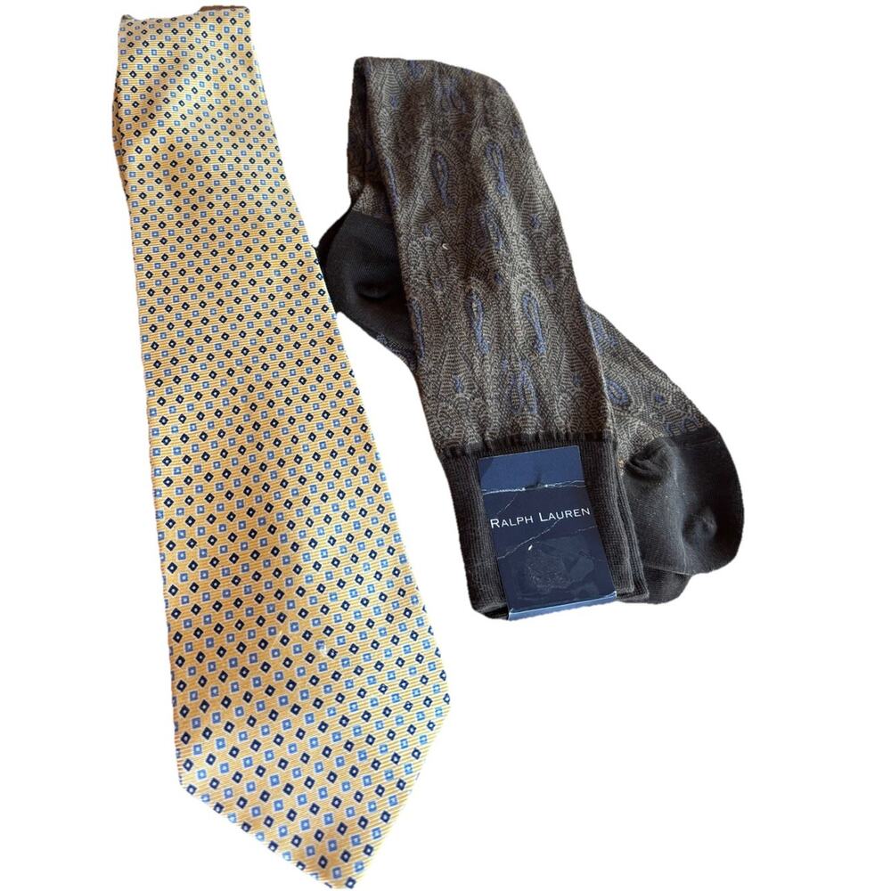 Ralph Lauren Men’s Socks NWT Brown Paisley Polk University Yellow Tie Silk